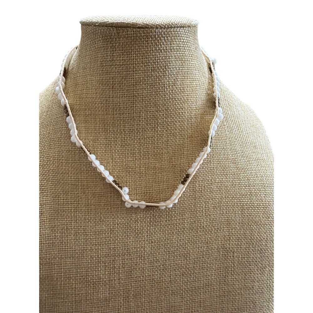 Cream‎ Cord Wrap Necklace White Seed Beads Bronze Spacers Wood Button Toggle